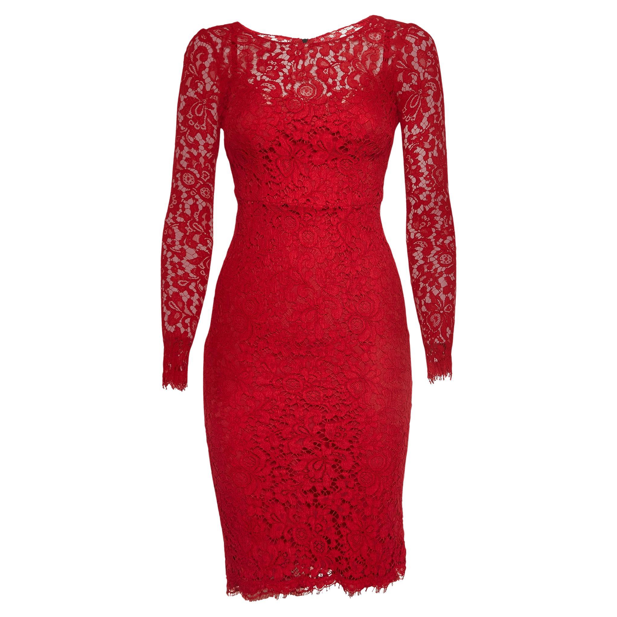 Dolce & Gabbana Red Floral Pattern Lace Long Sleeve Midi Dress XS For Sale