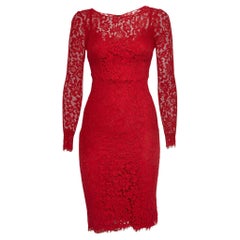 Dolce & Gabbana Red Floral Pattern Lace Long Sleeve Midi Dress XS
