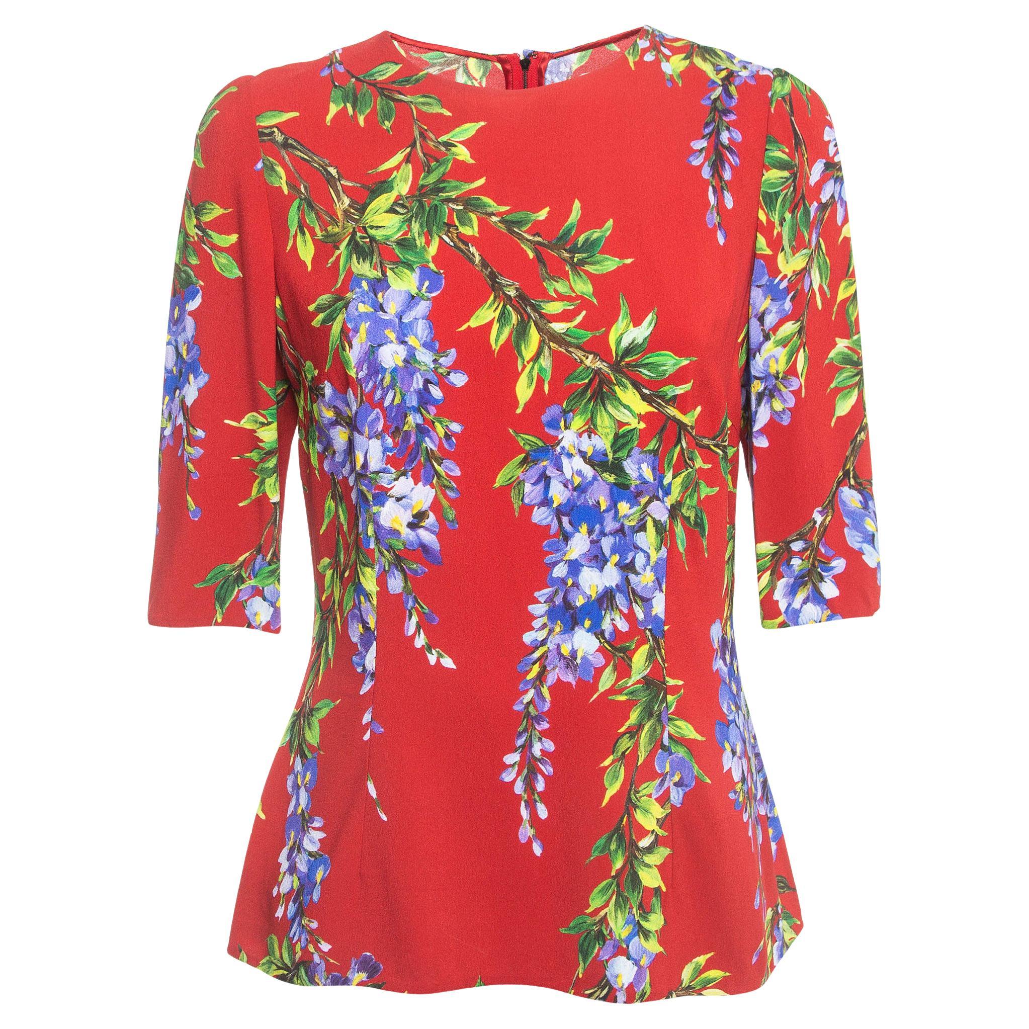 Dolce & Gabbana Red Floral Print Crepe Blouse M For Sale