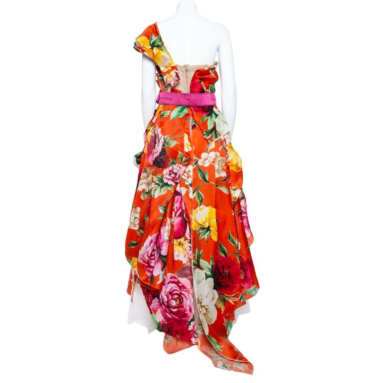Dolce and Gabbana Red Floral Print Silk One Shoulder Gown M at 1stDibs