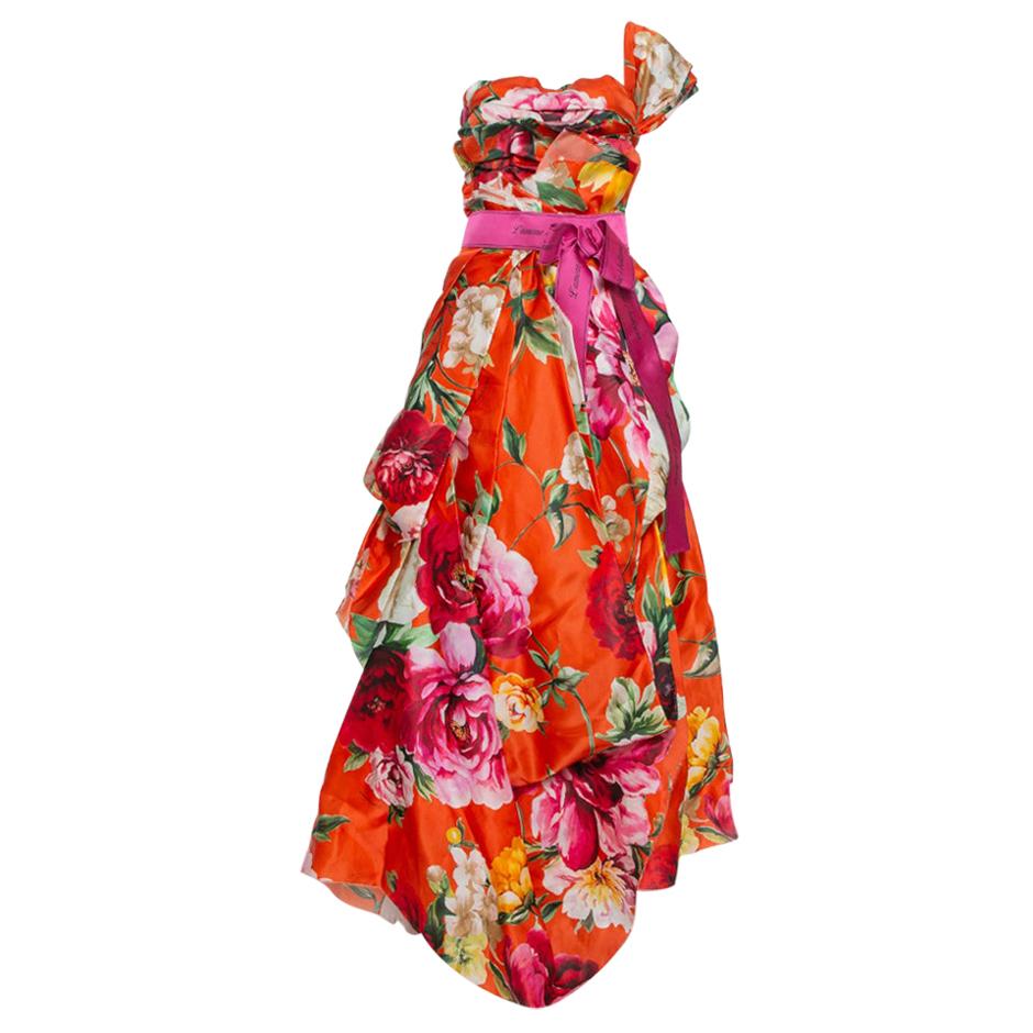 Dolce & Gabbana Red Floral Print Silk One Shoulder Gown M