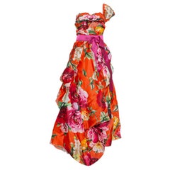 Dolce & Gabbana Red Floral Print Silk One Shoulder Gown M
