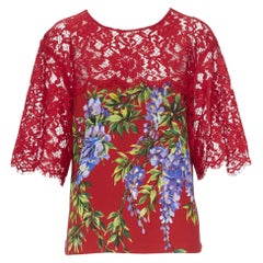 DOLCE GABBANA red floral print viscose lace yoke short sleeve top IT38