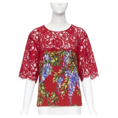 DOLCE GABBANA red floral print viscose lace yoke short sleeve top IT38 XS