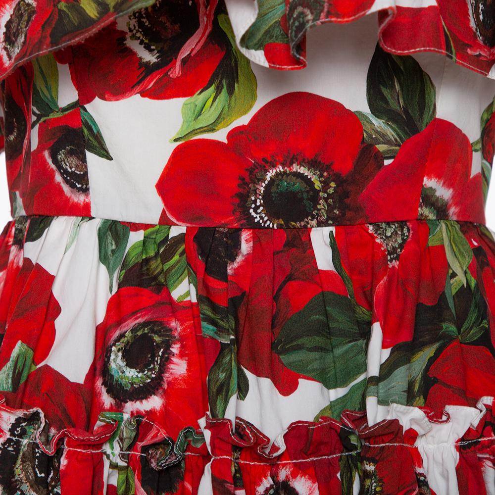 Dolce & Gabbana Rot Floral bedruckte Baumwolle geraffte Off-Shoulder Minikleid XS 2