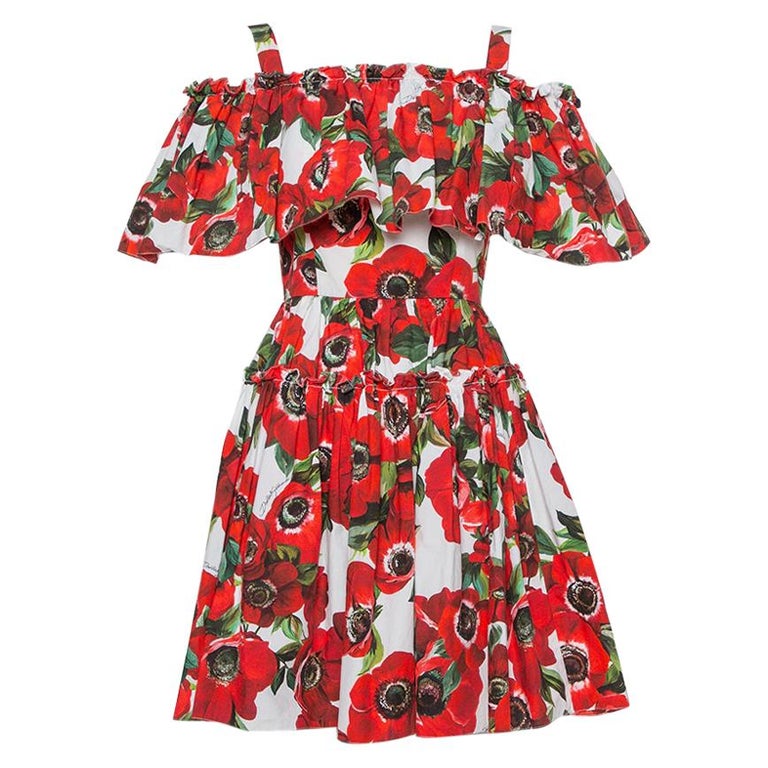 Dolce and Gabbana Red Floral Printed Cotton Ruffled Off Shoulder Mini Dress  XS at 1stDibs