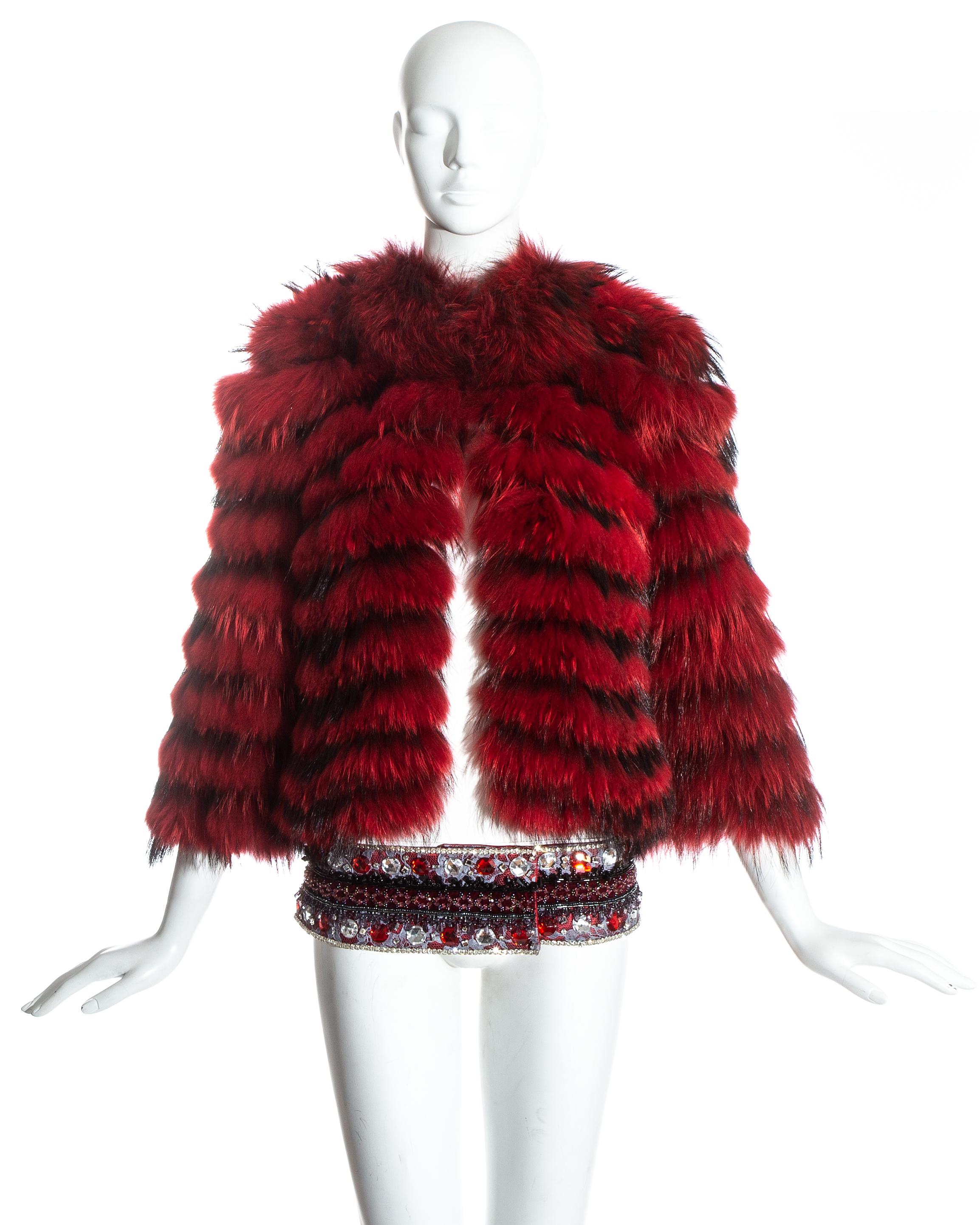 Dolce & Gabbana red and black fox fur cropped jacket. Sold with embellished rhinestone belt.

Fall-Winter 1999