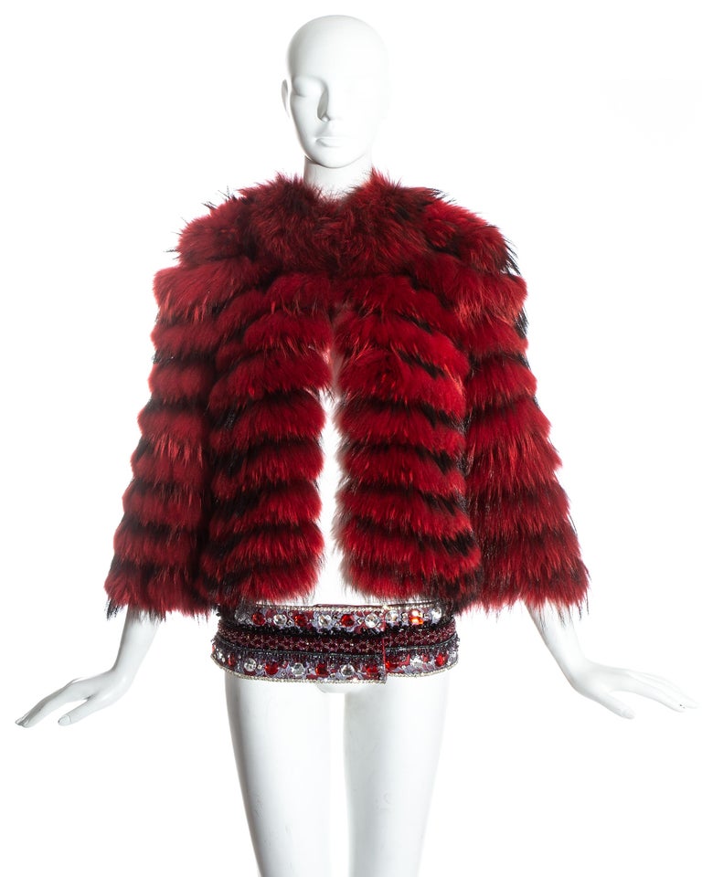 Dolce and Gabbana red fox fur cropped jacket with embellished belt, fw ...