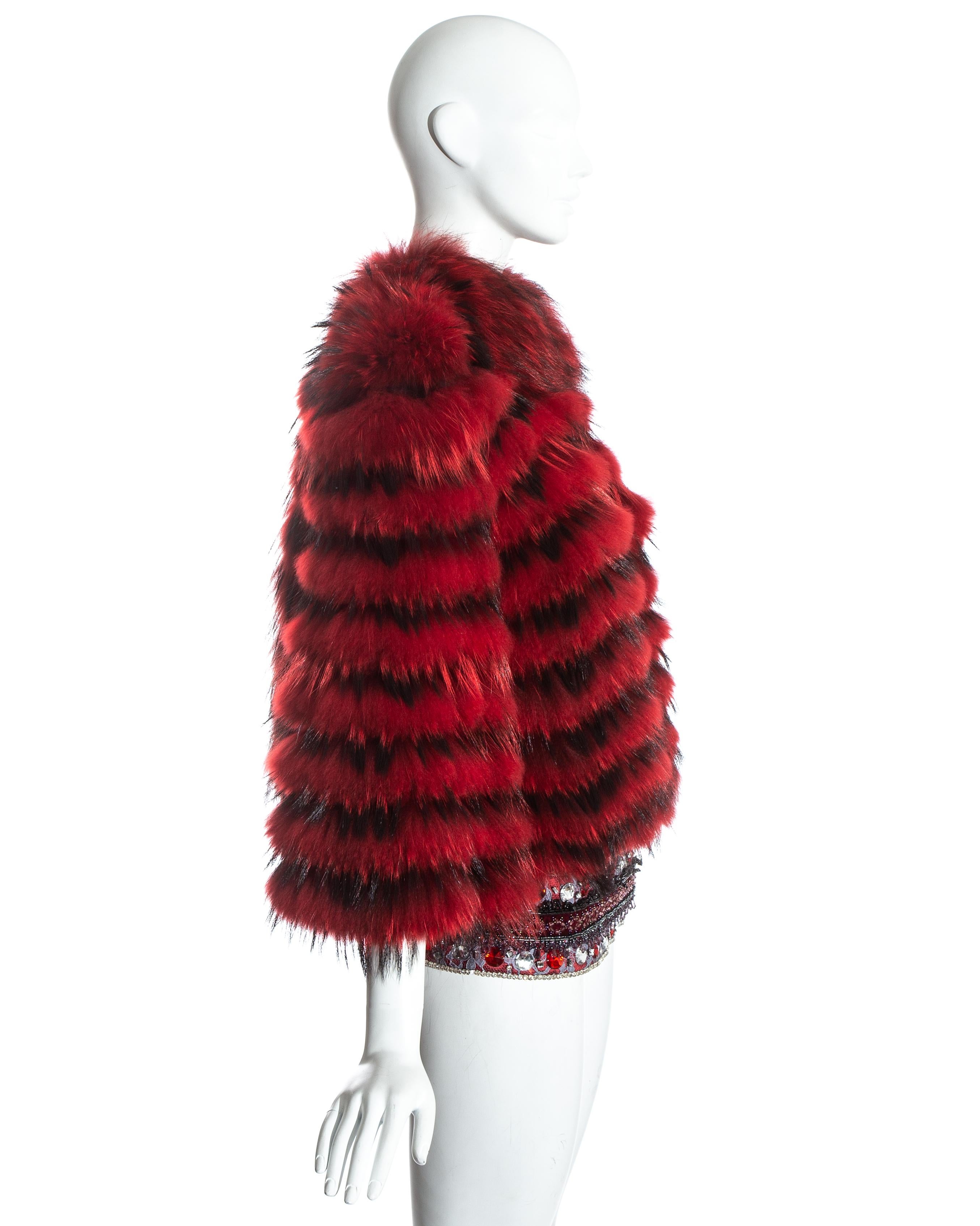 Red Dolce & Gabbana red fox fur cropped jacket with embellished belt, fw 1999