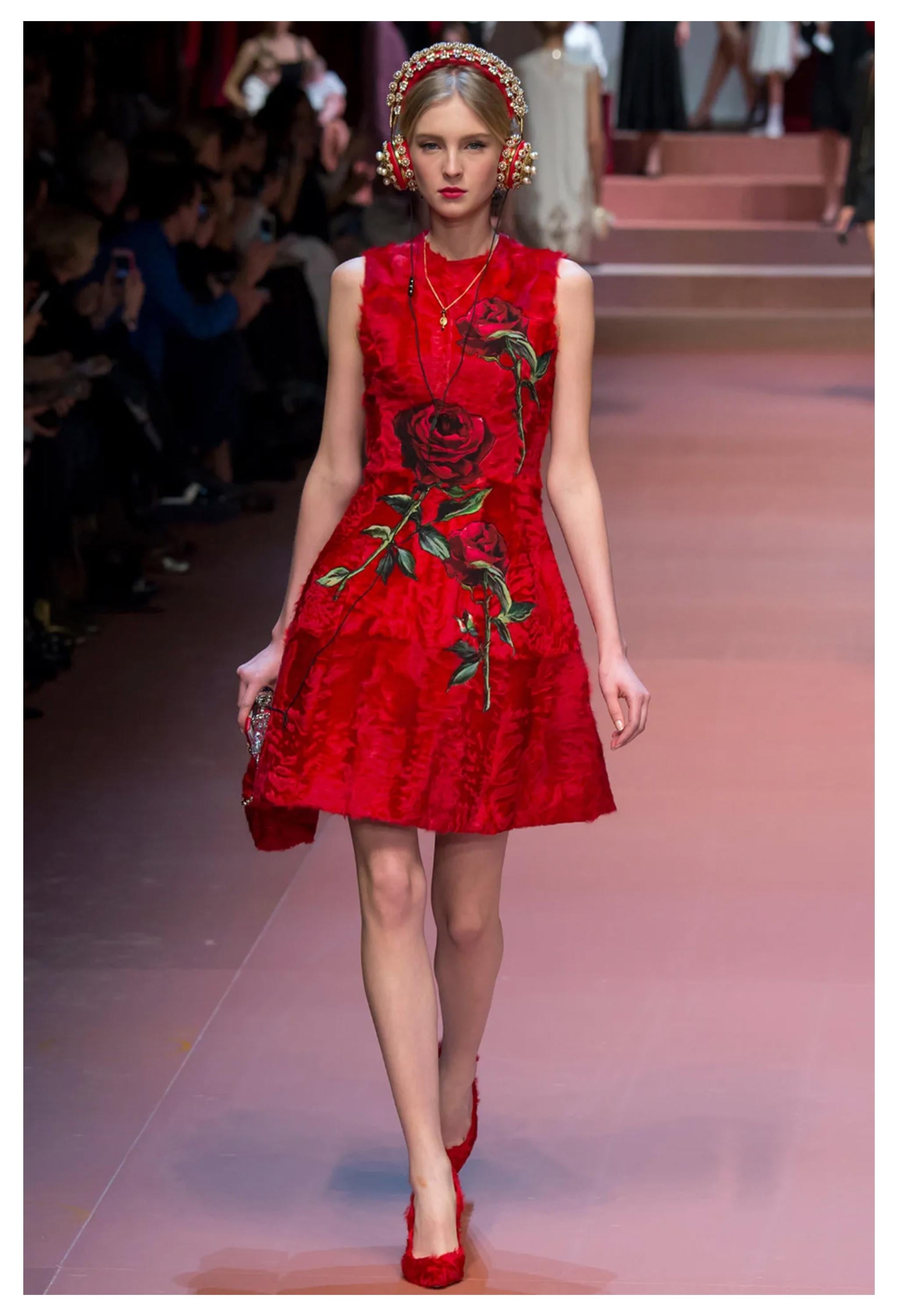 Dolce & Gabbana  Red Fur Dress With Rose Appliques 2015 In Excellent Condition In Los Angeles, CA