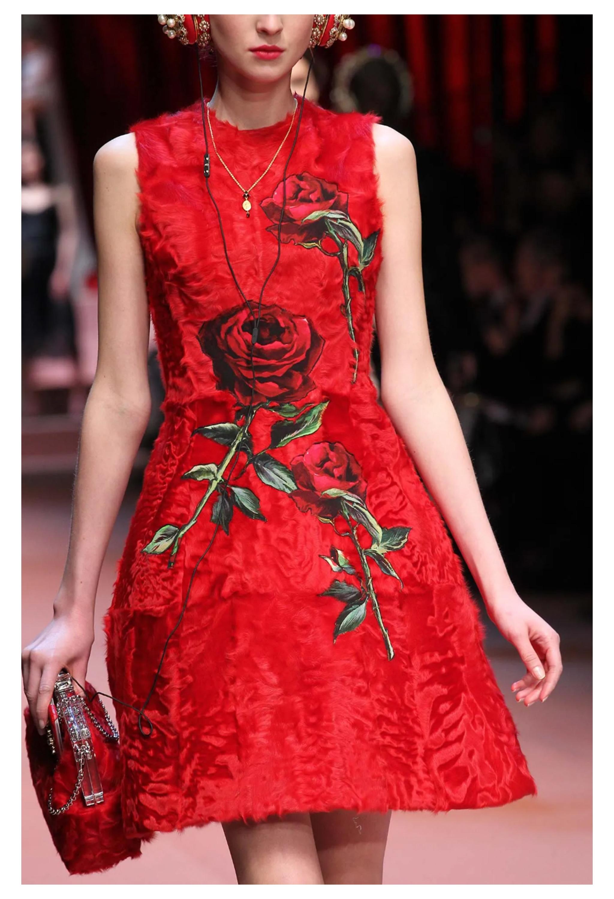 Dolce & Gabbana  Red Fur Dress With Rose Appliques 2015 4