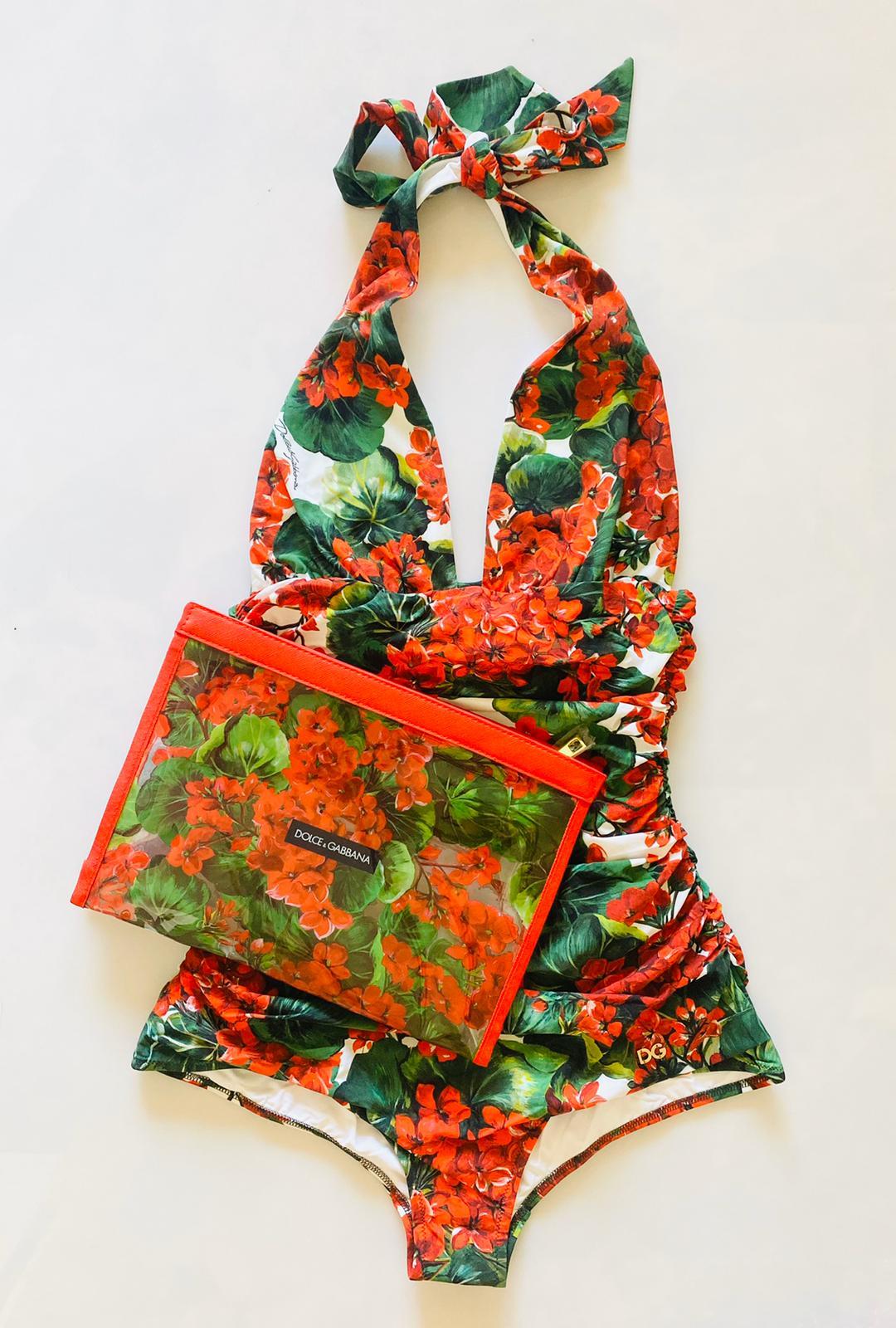 Women's Dolce & Gabbana Red Geranium Flower One-piece Swimsuit Swimwear Beachwear Bikini