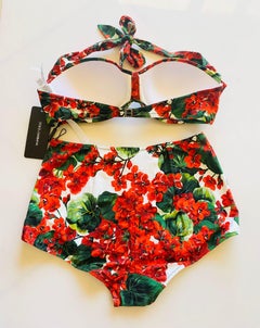 Dolce & Gabbana Red Geranium Two Piece Swimsuit Bikini Swimwear Flowers DG Retro