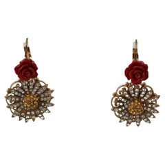 Dolce & Gabbana Red Gold Brass Crystal Rose Clip-on Drop Earrings Flower Yellow