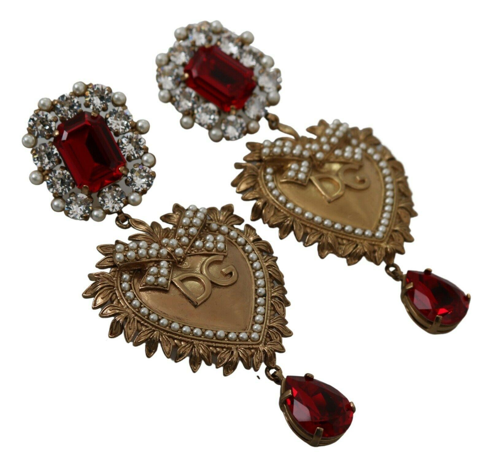 Dolce and Gabbana Red Gold Brass Crystal Sacred Heart Clip-on Dangle  Earrings For Sale at 1stDibs