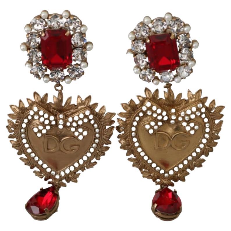 Dolce & Gabbana Red Gold Brass Crystal Sacred Heart Clip-on Dangle Earrings  For Sale