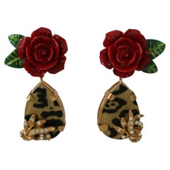 Dolce & Gabbana Red Gold Brass Rose Leopard Clip-on Dangle Earrings Floral Green