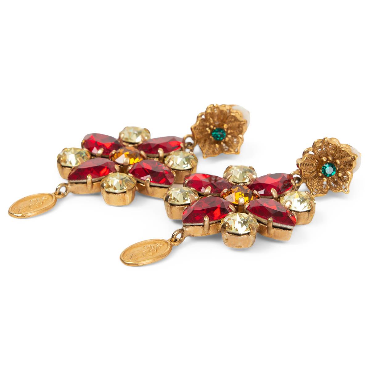 100% authentic Dolce & Gabbana Flower & Crystal drop clip-on earrings with burgundy, orange, lime green and green crystals and gold-tone brass flower and Madonna dangle. Have been worn and are in excellent condition. 

Measurements
Width	3.6cm