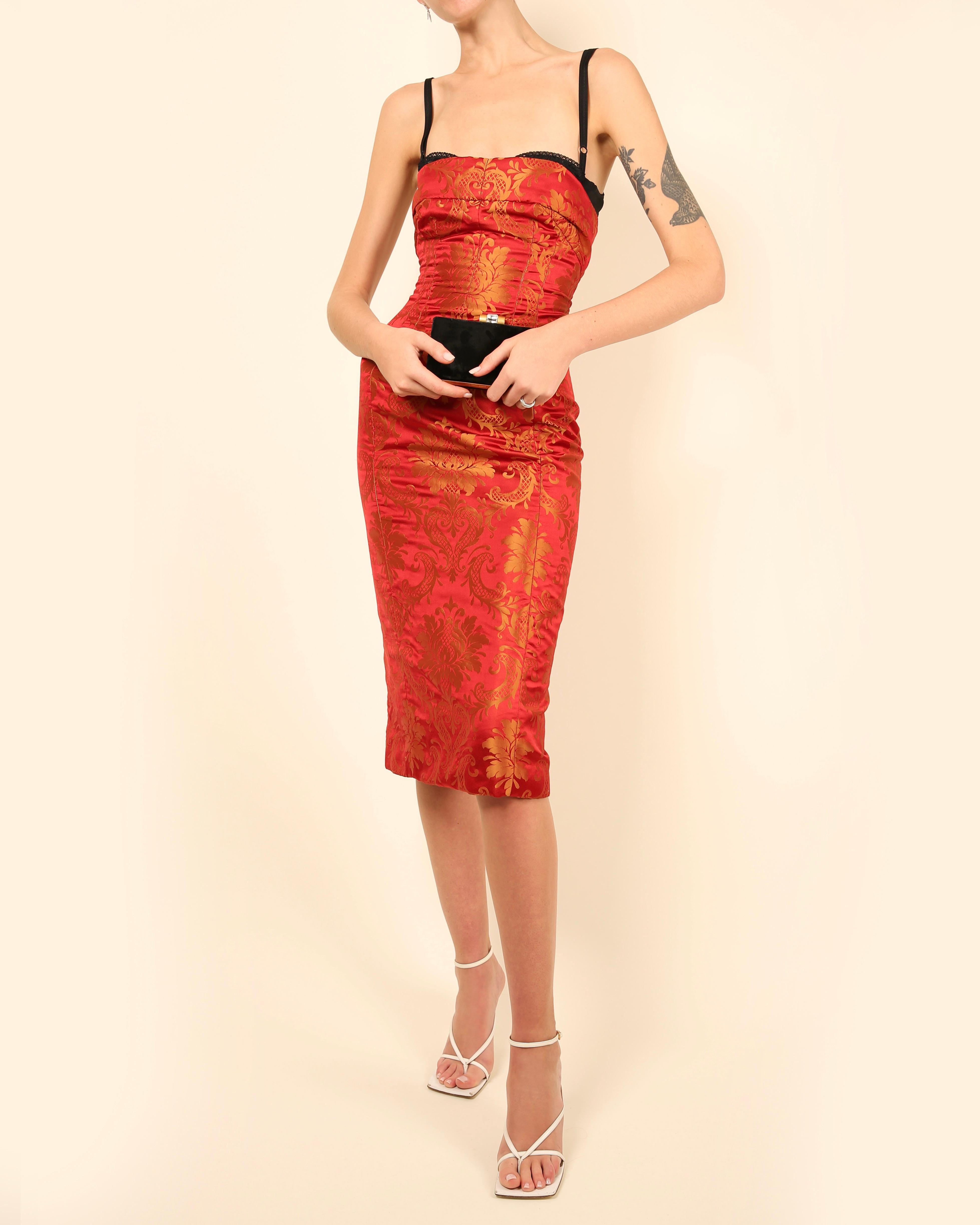 Dolce & Gabbana red gold floral print oriental asian style bustier midi dress For Sale 2