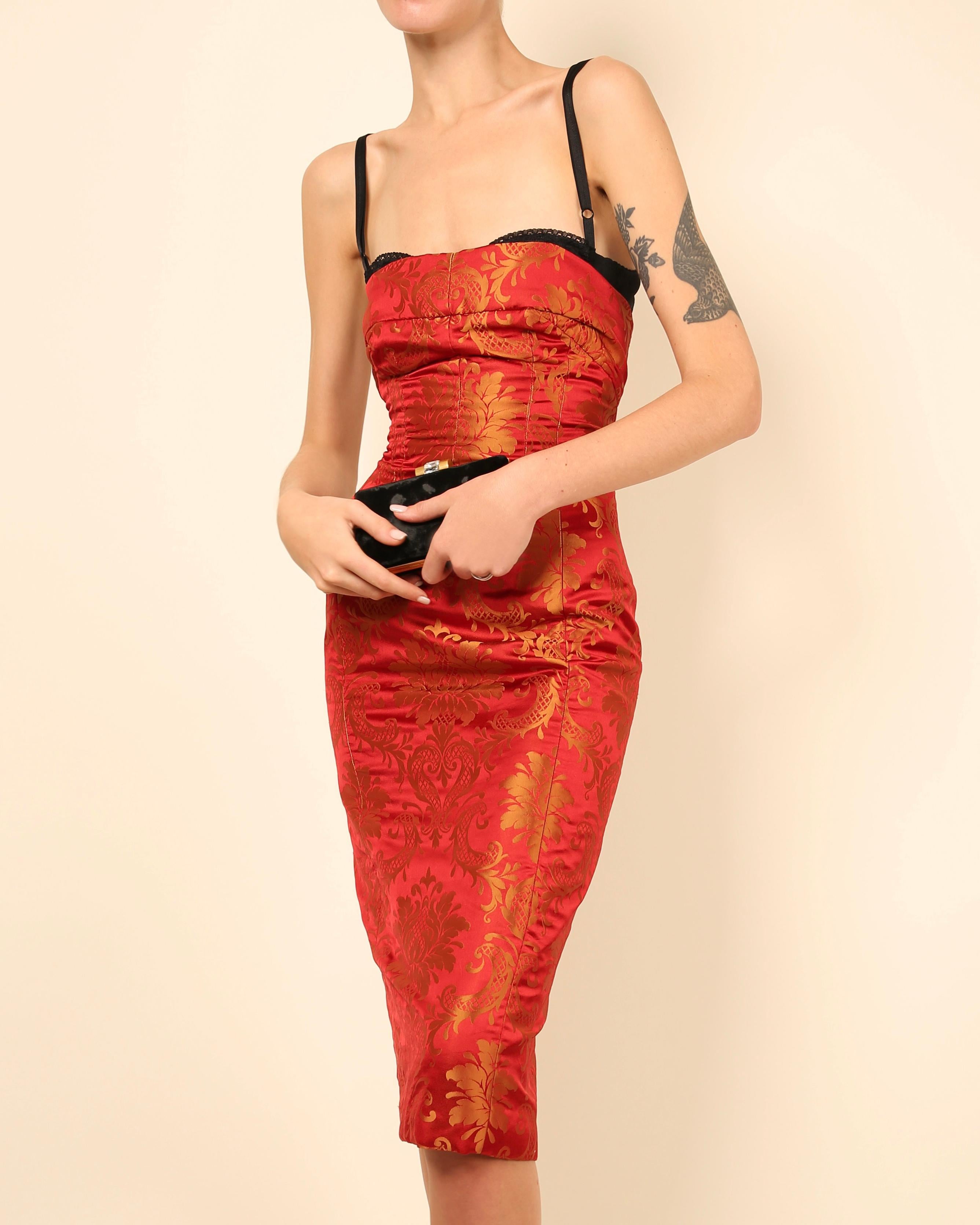 Dolce & Gabbana red gold floral print oriental asian style bustier midi dress For Sale 4