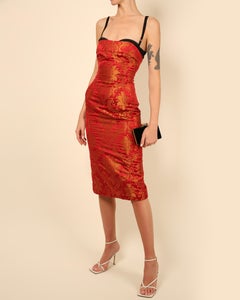 Dolce & Gabbana red gold floral print oriental asian style bustier midi dress