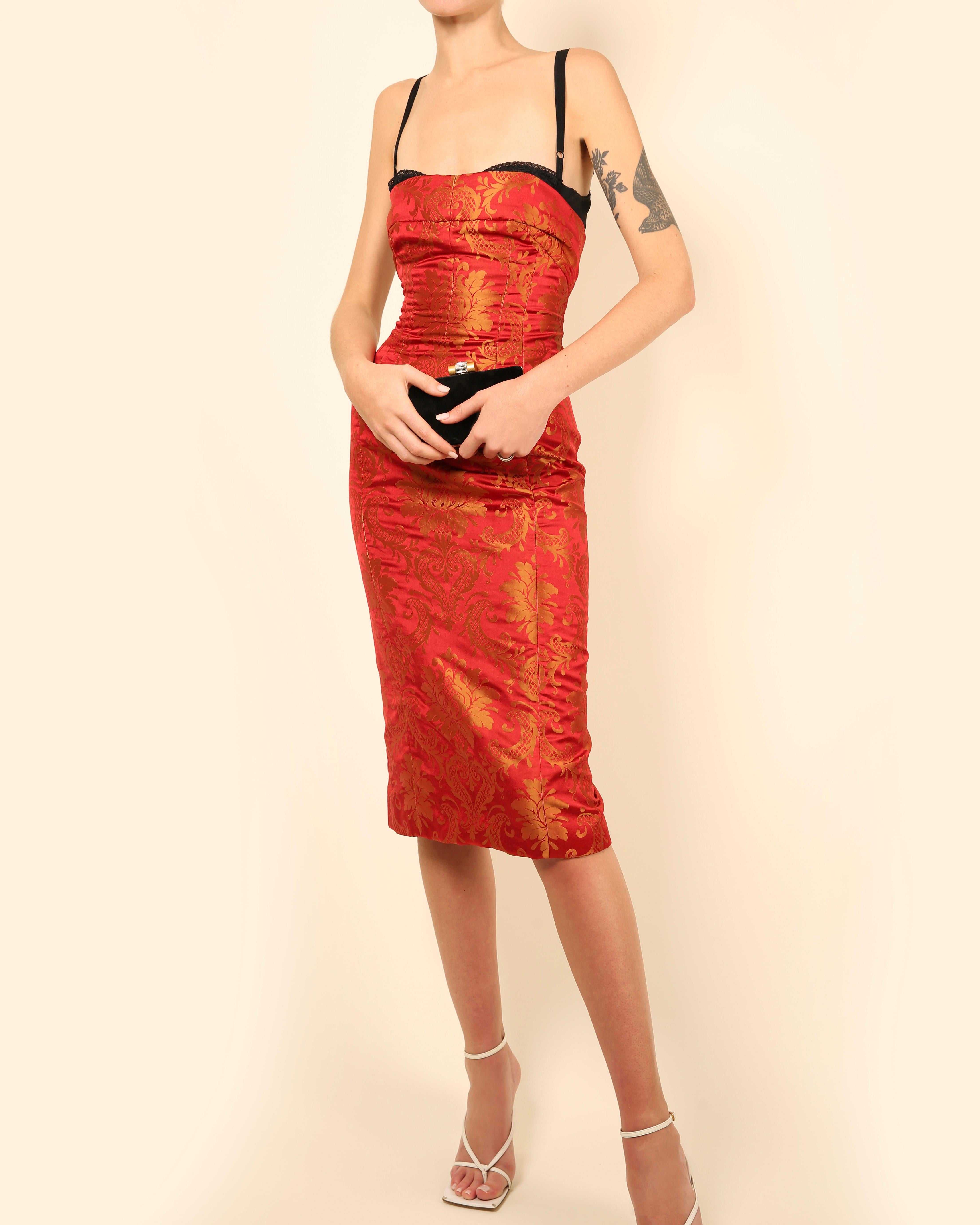 Dolce & Gabbana red gold floral print oriental asian style bustier midi dress In Excellent Condition For Sale In Paris, FR