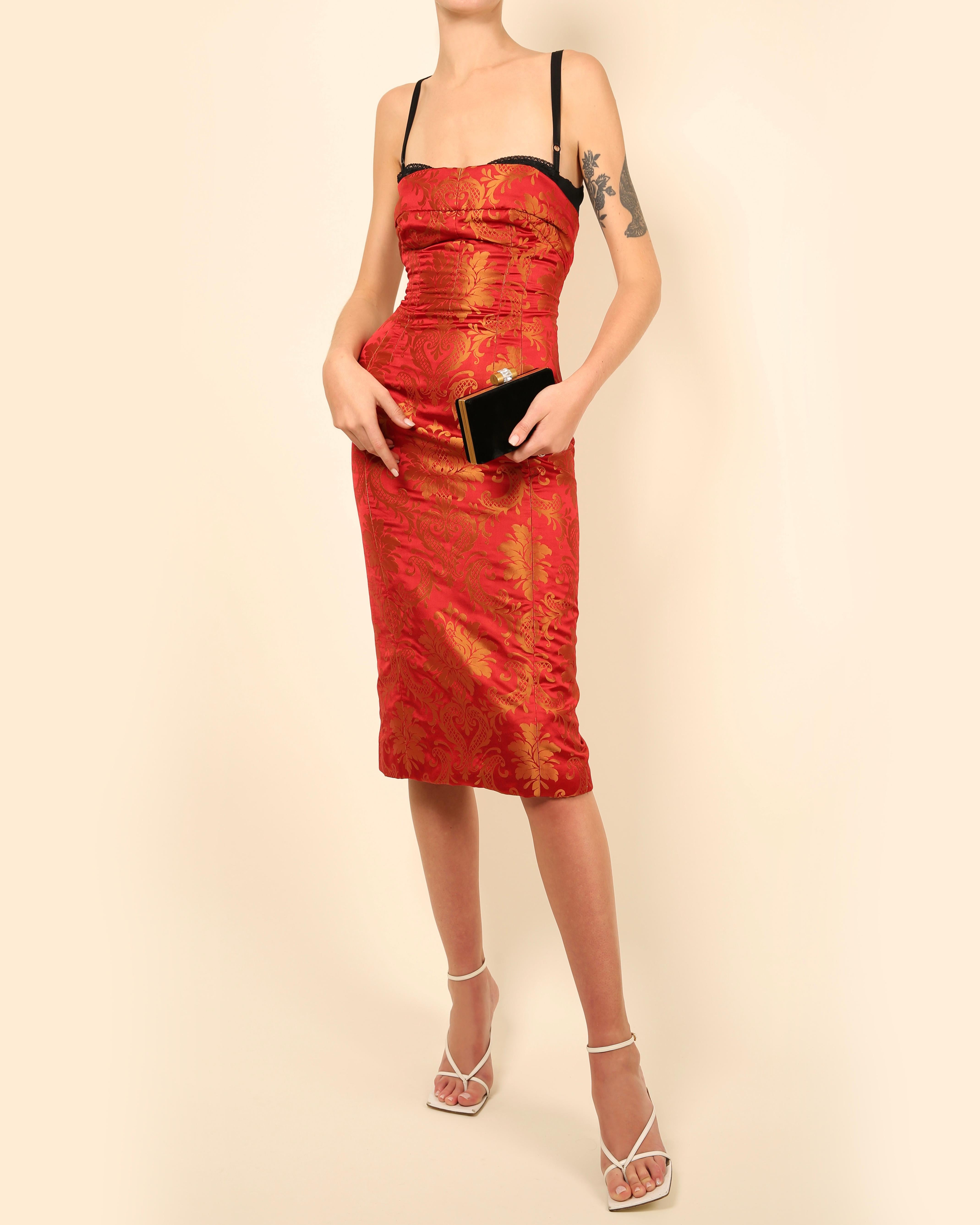 Women's Dolce & Gabbana red gold floral print oriental asian style bustier midi dress For Sale