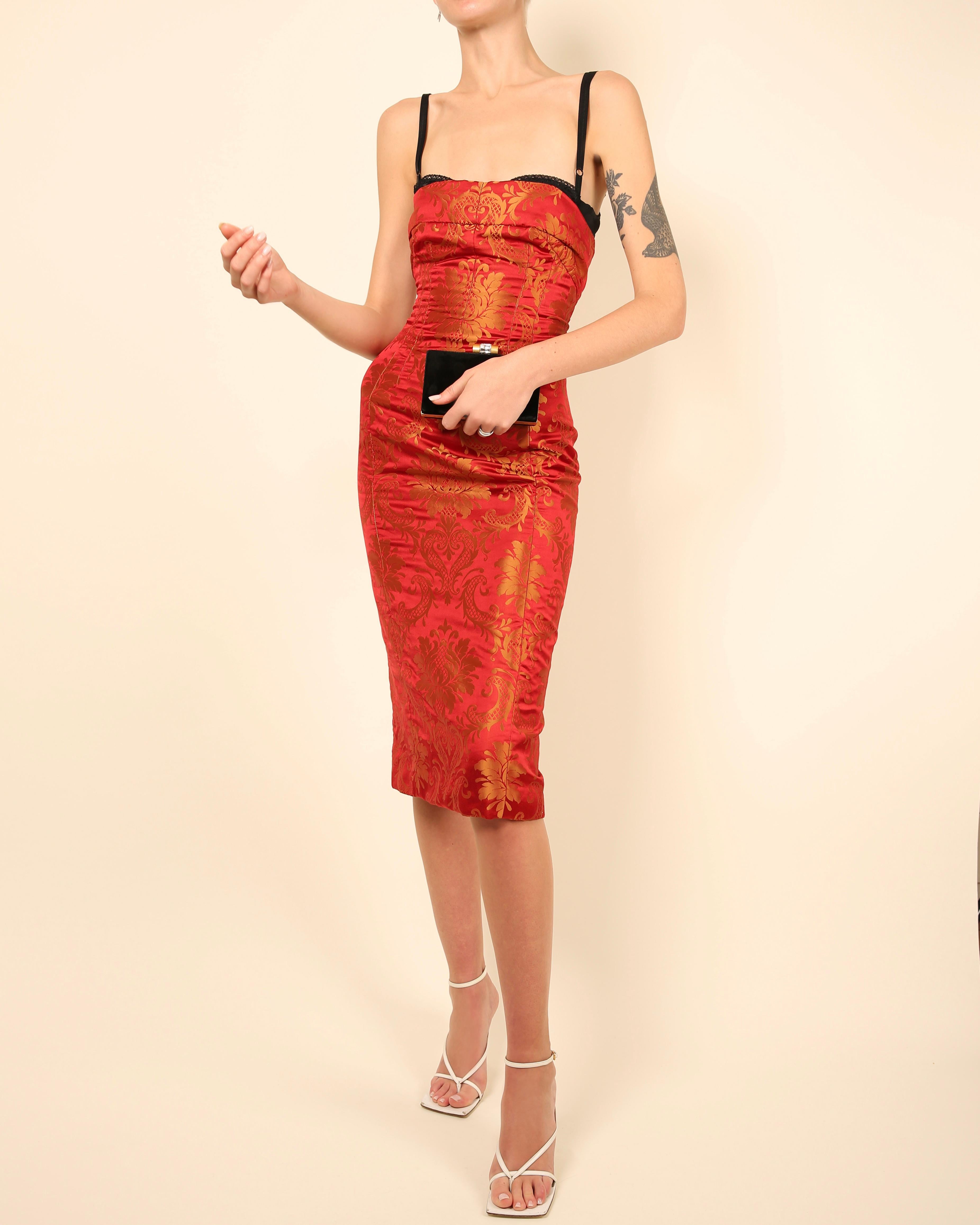 Dolce & Gabbana red gold floral print oriental asian style bustier midi dress For Sale 1