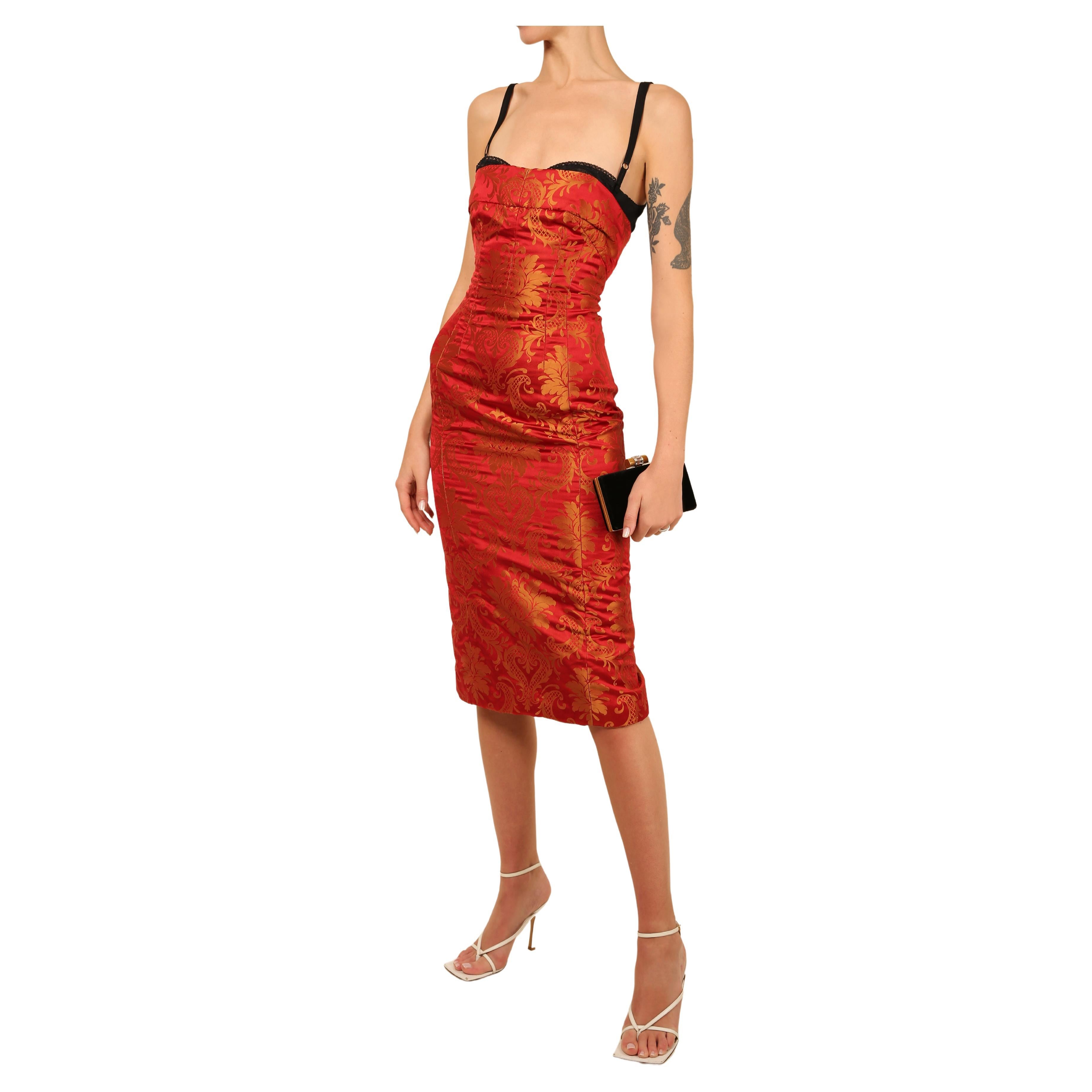 Dolce & Gabbana red gold floral print oriental asian style bustier midi dress For Sale