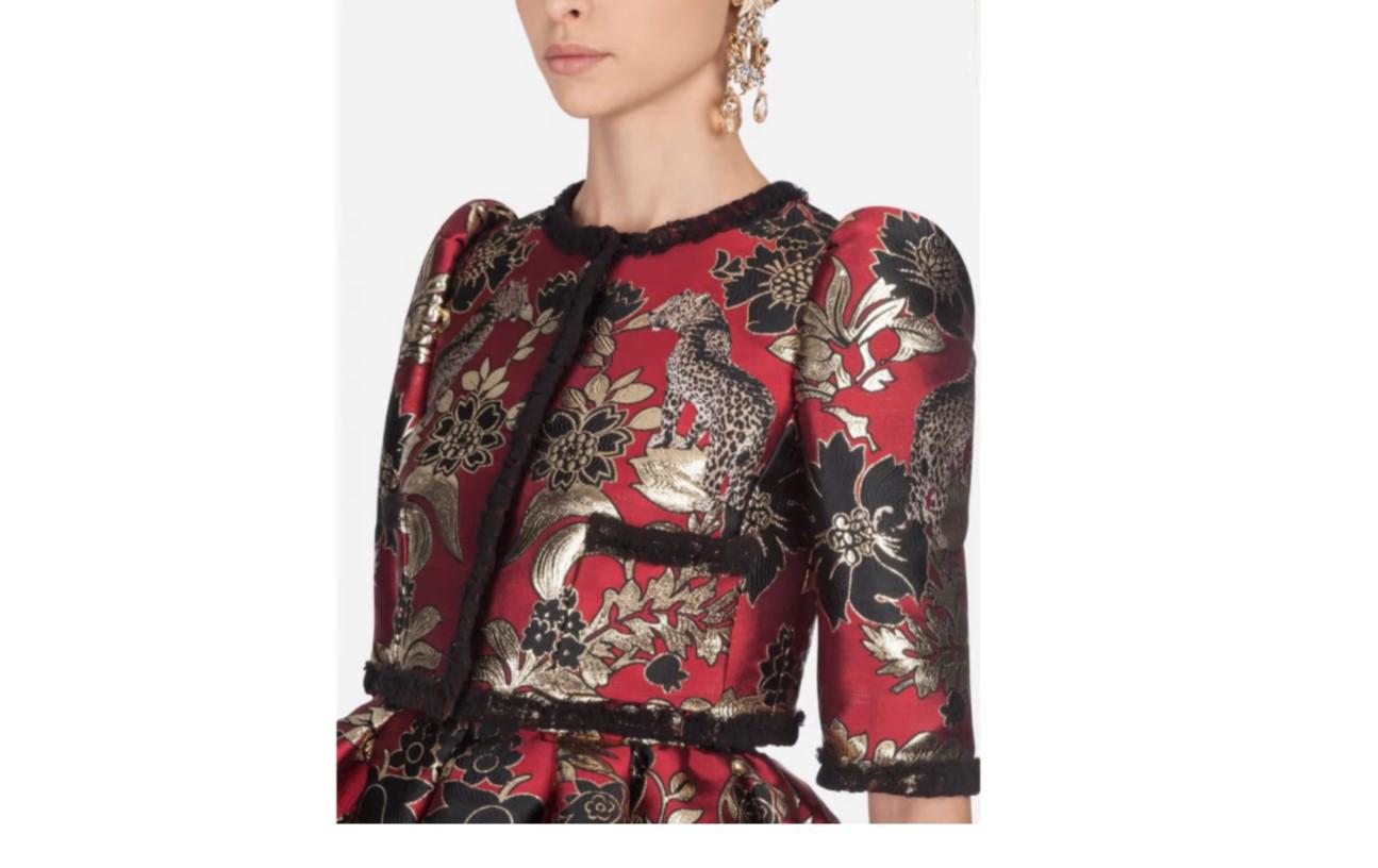 Brown Dolce & Gabbana Red Gold Lurex Jacquard Floral Leopard Cropped Jacket Top