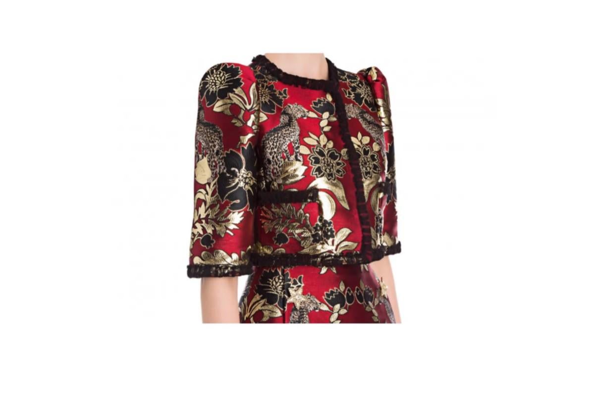 Dolce & Gabbana Red Gold Lurex Jacquard Floral Leopard Cropped Jacket Top In New Condition In WELWYN, GB
