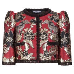 Dolce & Gabbana Red Gold Lurex Jacquard Floral Leopard Cropped Jacket Top