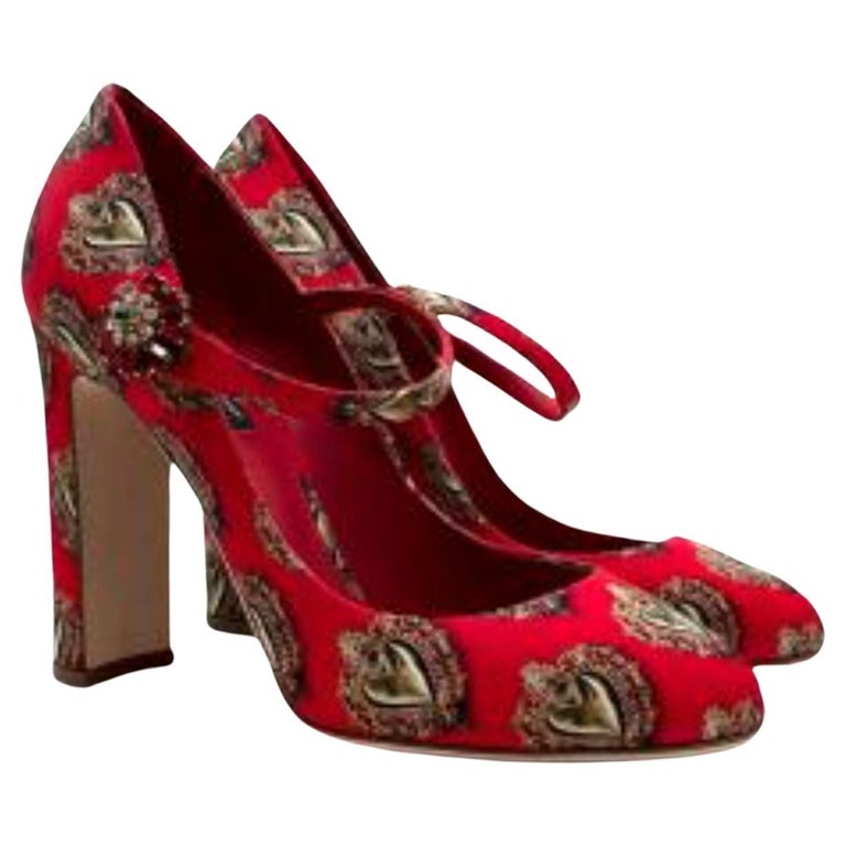 Dolce and Gabbana Red and Gold Sacred Heart Satin Mary Jane Pumps For ...