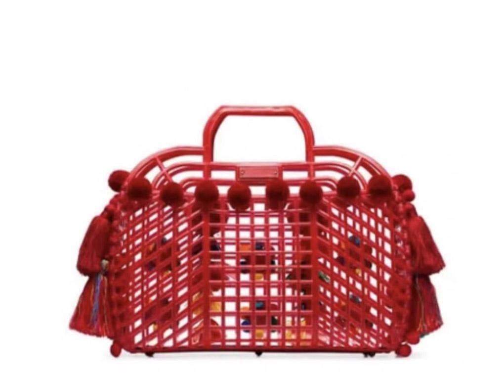 Dolce & Gabbana Red Gomma Ricamo Sicily Kendra Handbag Tote Bag Pom-pom DG In New Condition In WELWYN, GB