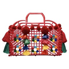 Dolce & Gabbana Red Gomma Ricamo Sicily Kendra Handbag Tote Bag Pom-pom DG