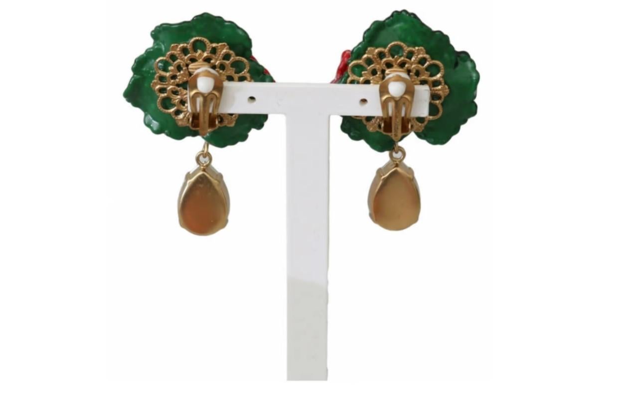 Modern Dolce & Gabbana Red Green Brass Crystal Flower Clip-on Dangle Earrings Floral