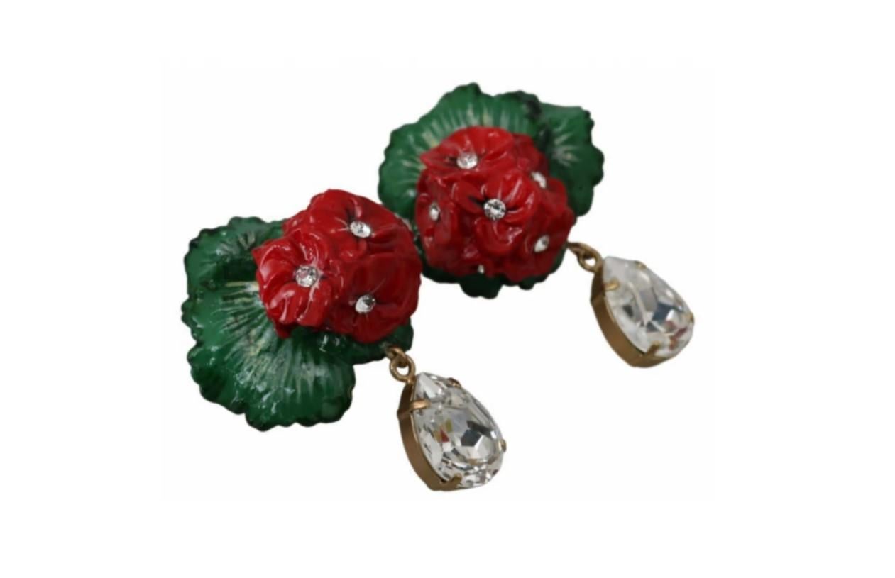 Dolce & Gabbana Red Green Brass Crystal Flower Clip-on Dangle Earrings Floral In New Condition In WELWYN, GB