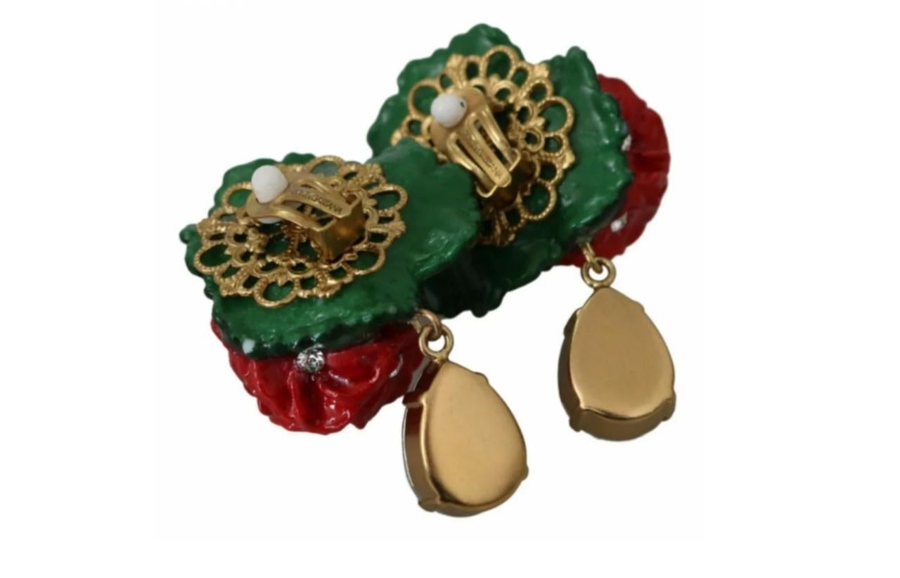 Women's Dolce & Gabbana Red Green Brass Crystal Flower Clip-on Dangle Earrings Floral