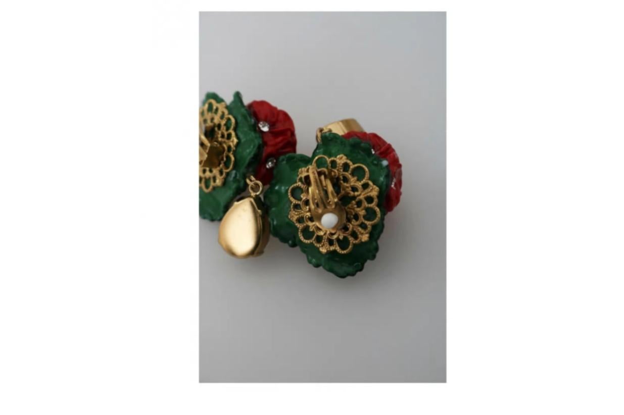 Dolce & Gabbana Red Green Brass Crystal Flower Clip-on Dangle Earrings Floral 1