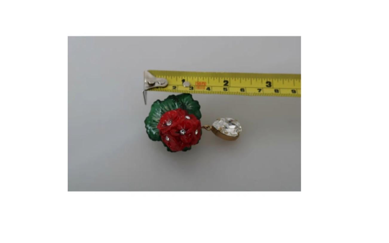 Dolce & Gabbana Red Green Brass Crystal Flower Clip-on Dangle Earrings Floral 2