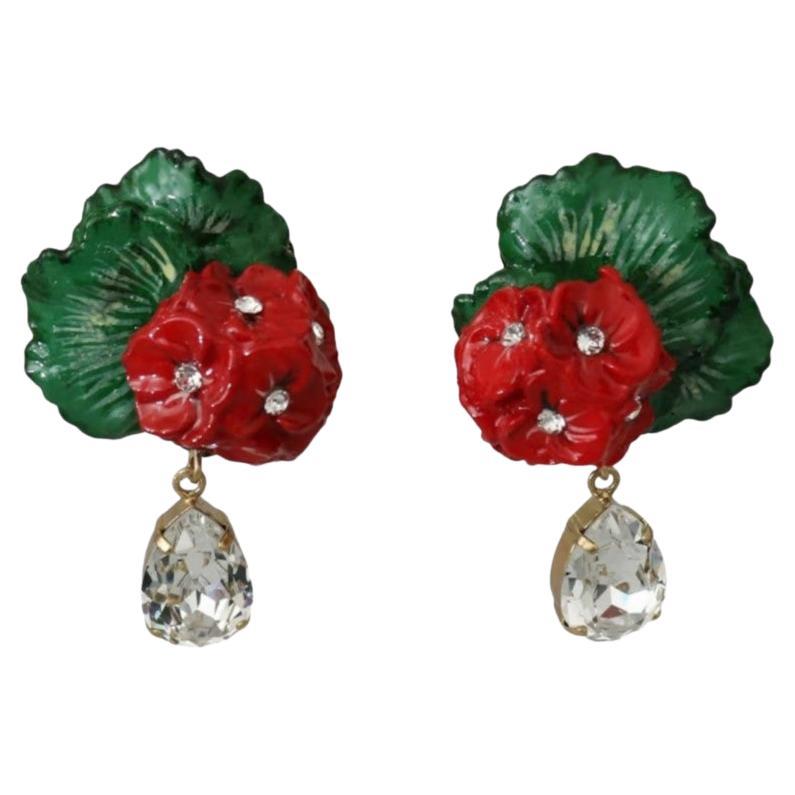 Dolce & Gabbana Red Green Brass Crystal Flower Clip-on Dangle Earrings Floral