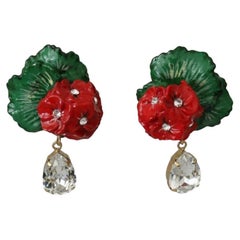 Dolce & Gabbana Red Green Brass Crystal Flower Clip-on Dangle Earrings Floral