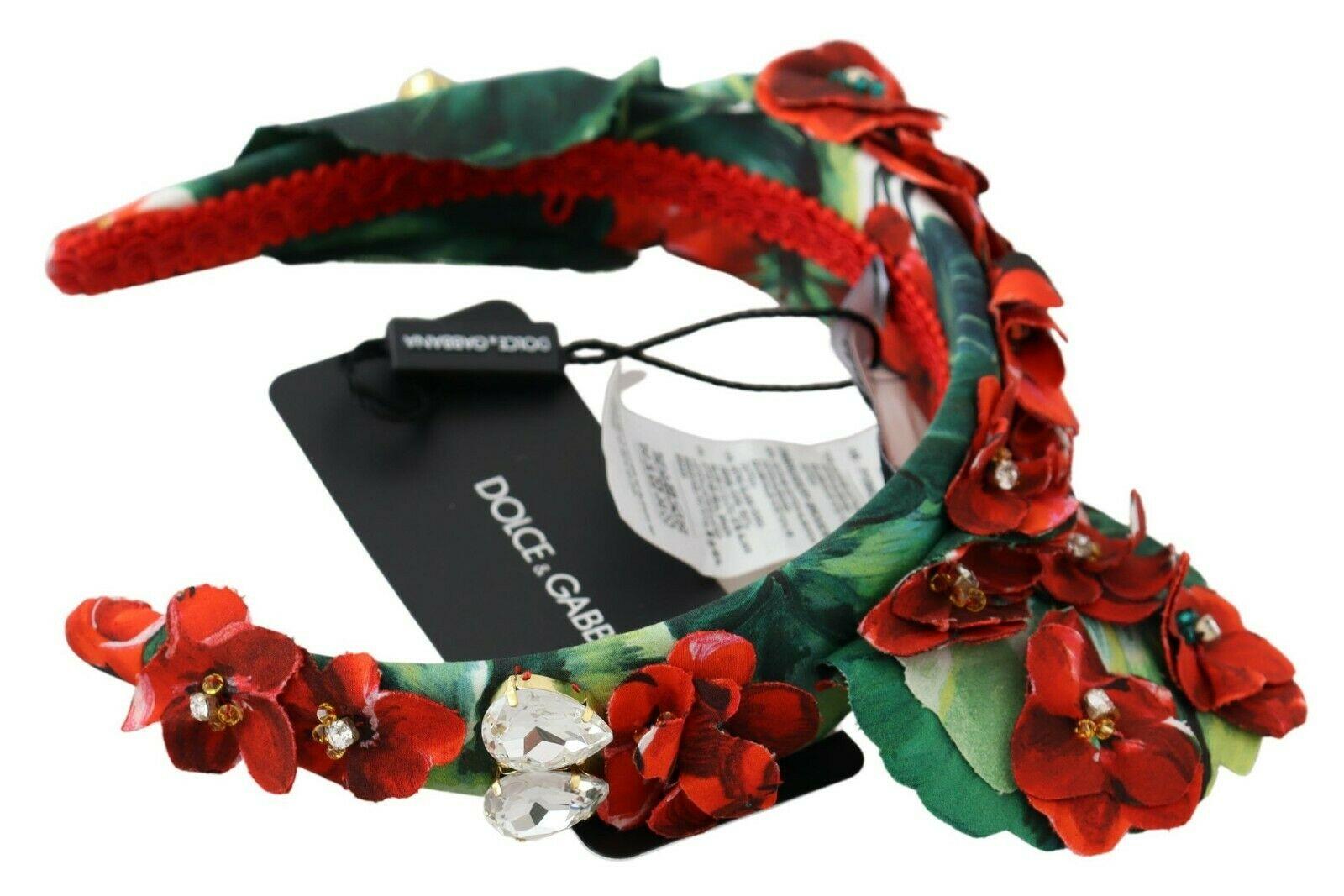 Brown Dolce & Gabbana Red Green Cotton Crystal Diadem Headband Hair Accessory Flowers