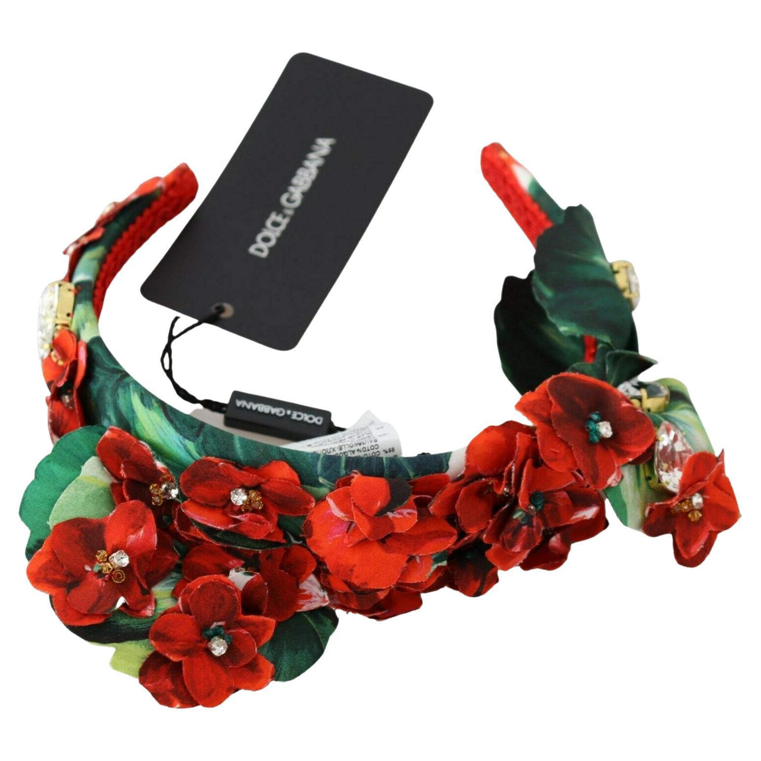 Dolce & Gabbana Red Green Cotton Crystal Diadem Headband Hair Accessory Flowers