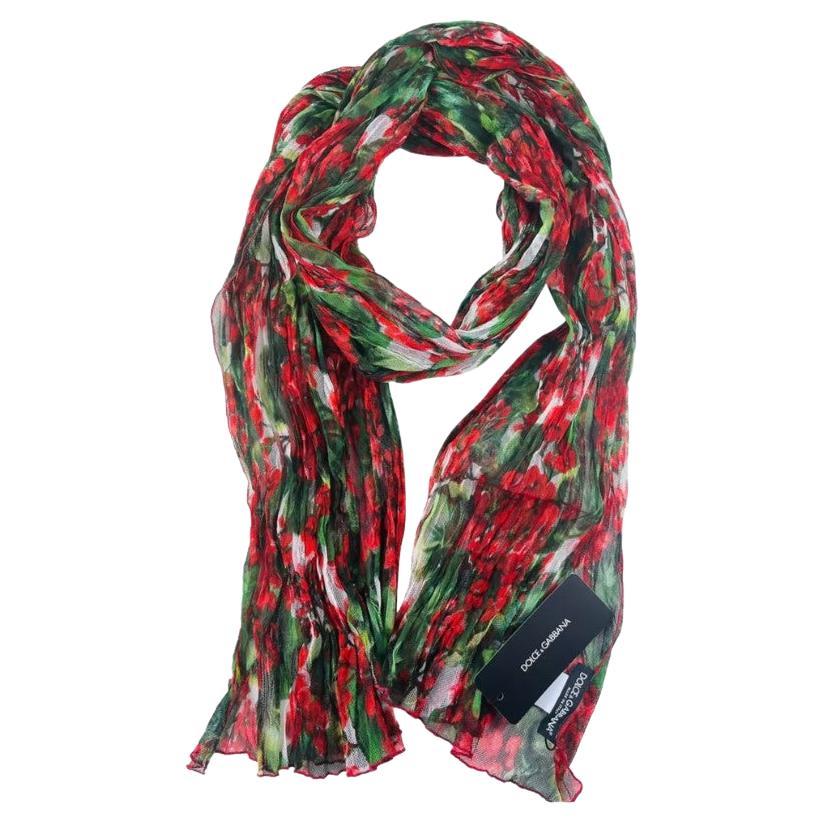 Dolce & Gabbana Red Green Cotton Floral Geranium Scarf Wrap Cover Up Italy DG