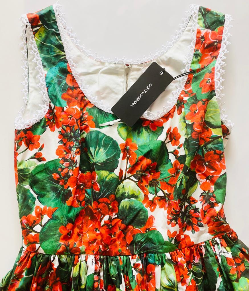 Brown Dolce & Gabbana Red Green Cotton Geranium Floral Mini Dress Flowers DG For Sale