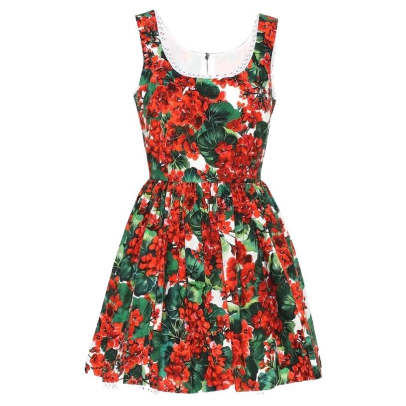 Dolce and Gabbana Red Green Cotton Geranium Floral Mini Dress Flowers ...