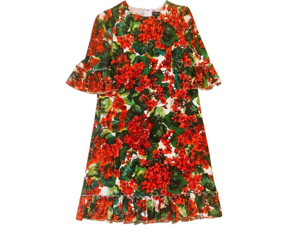 Women's Dolce & Gabbana Red Green Viscose Geranium Floral Midi Dress Flowers Poplin Mini For Sale