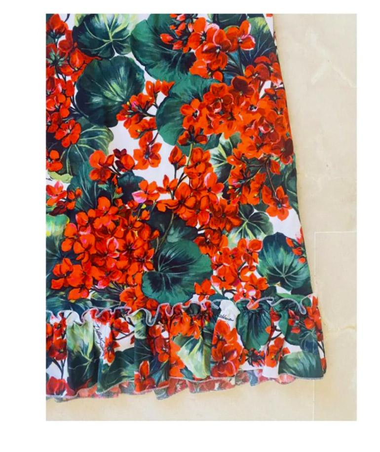 Dolce & Gabbana Red Green Viscose Geranium Floral Midi Dress Flowers Poplin Mini For Sale 1