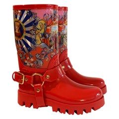 Dolce & Gabbana Red Italian Theatre Print Rainboots Wellies Galoshes